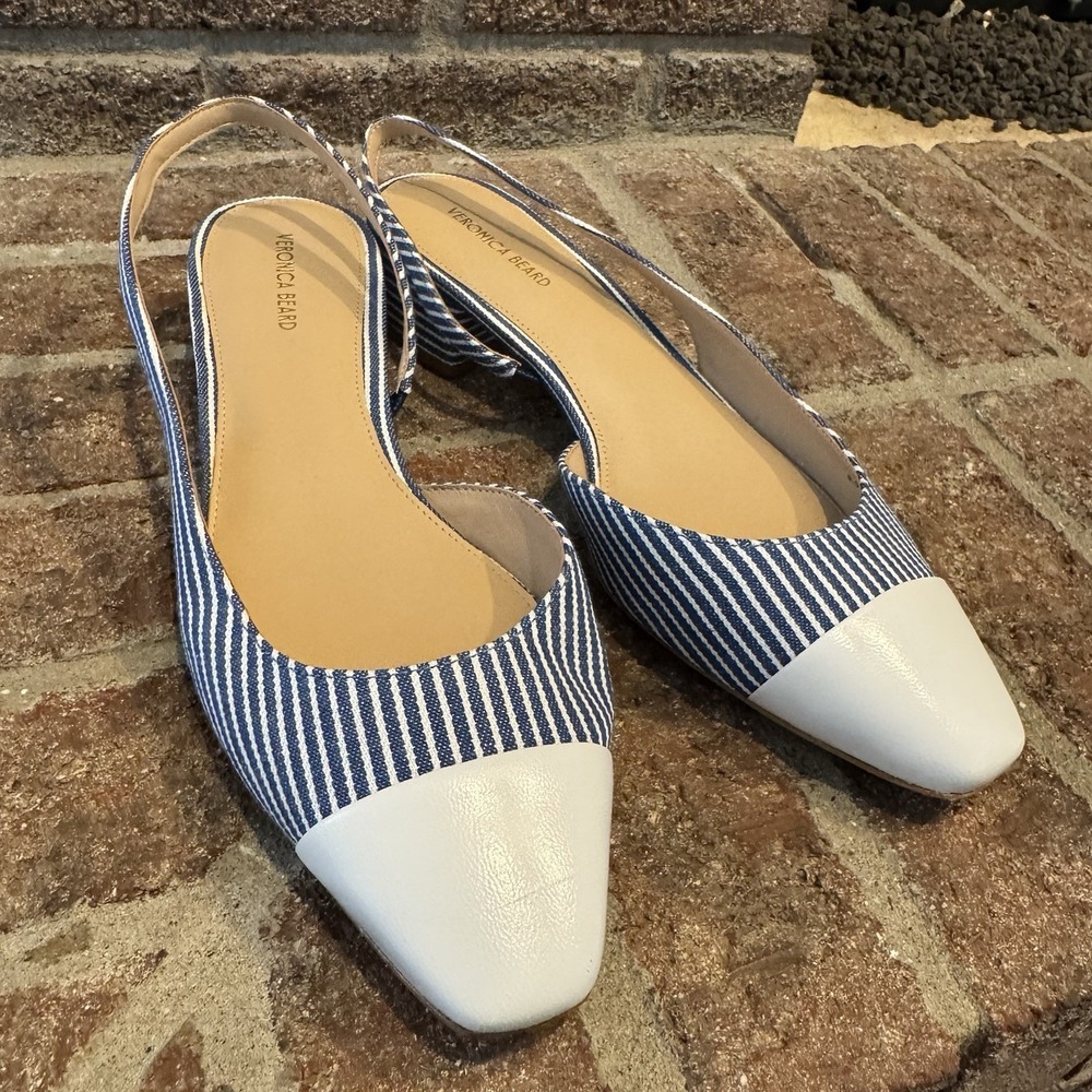 Veronica Beard Cecile Leather Canvas Woman Sz 8.5 Blue Stripe Slingback #251